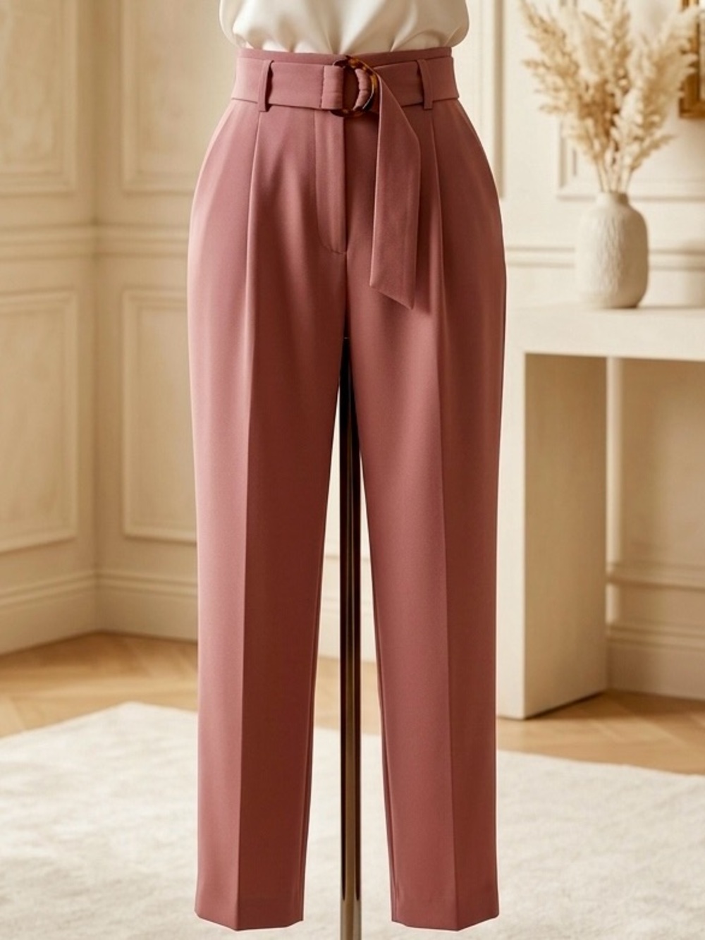 Topshop| Rosewood Pinky-Brown High-Waist Belted Tapered Paper Bag Trousers Sz 6
